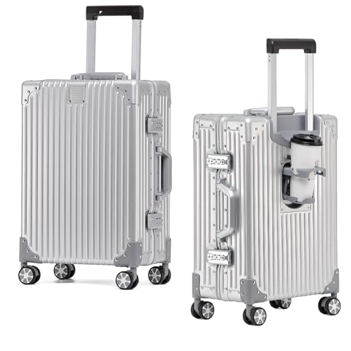 EclatVivid 1pc 22 Inch Luggage with Cup Holder, 100% All Aluminum Suitcase, Zipperless Aluminum Luggage with TSA Locks, Cup Holder(Silver, Checked in 22-Inch)