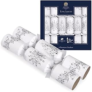 Tom Smith Pack of 6 Premium White & Silver Snowflake Tree Design Charity Christmas Crackers 34cm