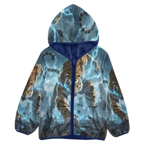 Tiger Lighting Toddler Fleece Jacket Girl Boys Hooded Fleece Jacket Coat Warm Outwear Zip-up 3-10T