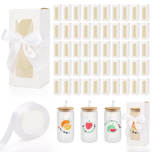 Mezchi 50 Pack Tumbler Gift Box with Window & Ribbon for Sublimation Glass Cup Packaging for 12oz 16oz 20oz Drinking Jars Wedding Bridal Shower Mothers Day Gifts Bulk Supplies (White)