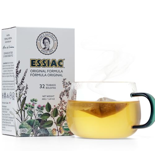 Rene’s Naturals Essiac Tea Bags – USDA Organic - Original 4-Herb Formula Since 1922 –, Non-GMO, Vegan – 32 Teabags – Gentle Daily Cleansing & Digestive Support with Organic Burdock Root, Sheep Sorrel & Slippery Elm