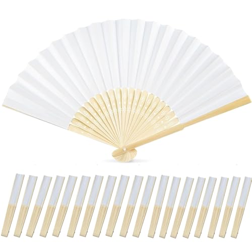 GOHOY 20 Pcs White Paper Fans Handheld Bamboo Foldable Hand Fan for Women DIY Blank Painting Fan for Wedding Party Home Decoration