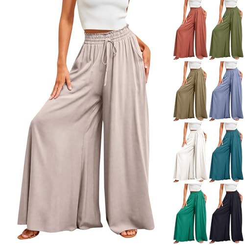 Wide Leg Pants Woman Casual Summer Drawstring High Waisted Palazzo Pants Loose Comfy Flowy Pants with Pockets