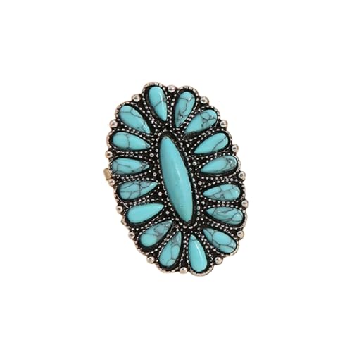Bohemian Vintage Turquoise Oval Flower Rings Geometric Ethnic Natural Stone Adjustable Silver Joint Knuckle Rings Western Cowgirl Statement Jewelry