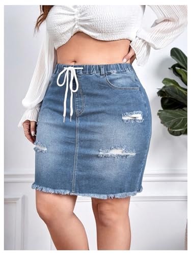 MakeMeChic Women's Plus Size Denim Skirt High Waisted Elastic Drawstring Waist Raw Hem Ripped Vintage Short Jean Skirt3