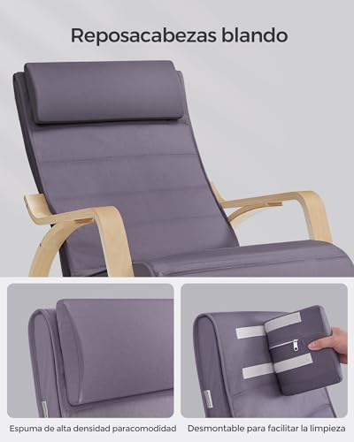 SONGMICS Silla Mecedora, con Apoyabrazos de Madera de Abedul, Silla Mecedora con Reposapiés Ajustable en 5 Posiciones, Máx. Carga de 150 kg, Dormitorio, Salón, Gris Claro y Natural LYY010G01 - imagen 7