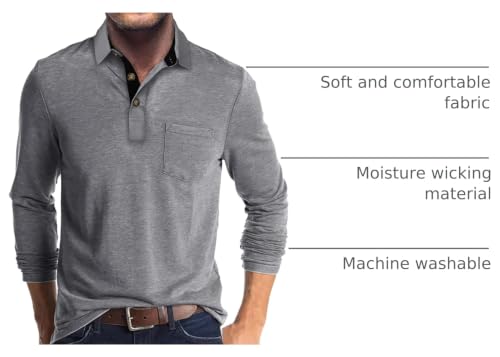 Camiseta polo para hombre de manga larga con cuello contrastante y botones, estilo casual para golf y uso diario | Bolsillo en el pecho, transpirable, ligera, diseño clásico sin costuras visibles, movimiento flexible, estilo de trabajo a fin de semana miniatura 4