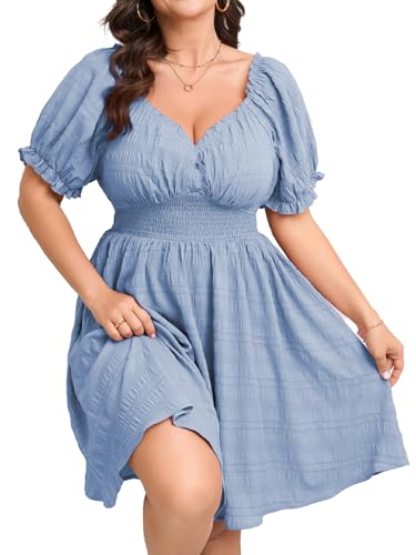 Image of SCOMCHIC Womens Plus Size Summer Dresses Casual Sun Dress Sweetheart V Neck Puff Short Sleeve Smocked A Line Mini Dress