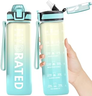 QLUR Water Bottle with Straw, 1L Drinks Bottle with Time Markings-Tritan BPA Free-Sports Water Bottle Leakproof with Lock Cover, Motivational Water Bottles for Gym, Hiking, Fitness, Yoga (1 Bottle)