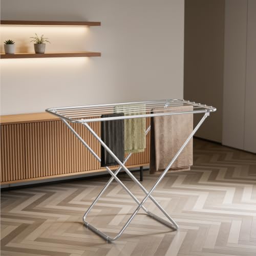 Image of amazon basics Mild Steel Cloth Drying Stand - Folding, 30 Feet Drying Length, 8 Drying Rails, Lightweight (Silver)
