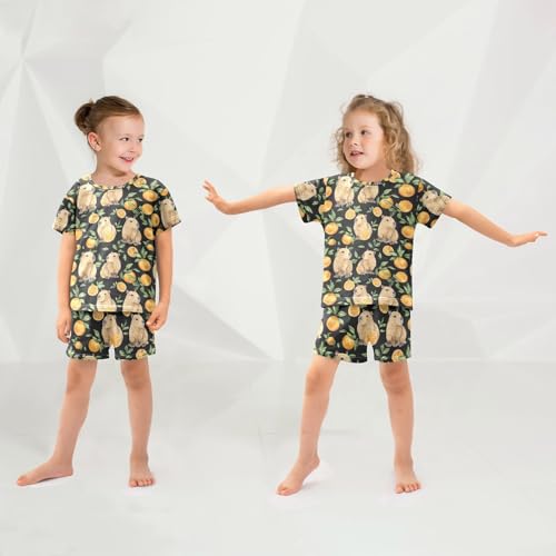 Vdsrup Cute Capybaras Orange Summer Pajamas Set Short Cotton Watercolor Sleepwear 2 Piece Unisex 5Y4