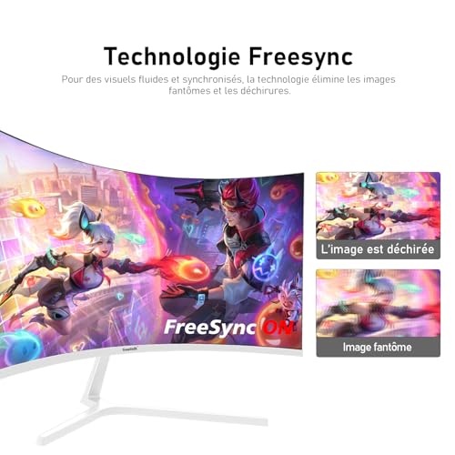 Gawfolk Écran PC 27 Pouces incurvé 280Hz Gaming Computer Moniteur, 1800R,1ms，FHD 1080p, 178 ° Grand Angle,Ultra - Mince Lunette, HDMI、DisplayPort,Compatible avec Montage Mural 100 * 100mm- Blanc - 3
