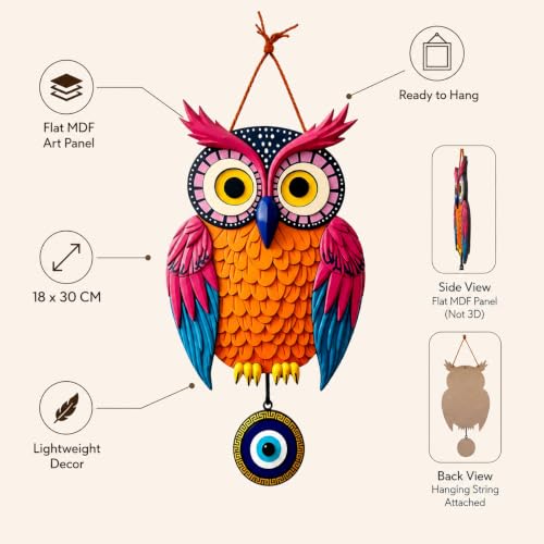 Image of GiftOday Owl Wall Hanging for Door & Home Decor | Evil Eye Protection Nazar Battu | Wooden MDF Bird Wall Art | Living Room, Bedroom, Entrance Decoration | 18 x 30 CM