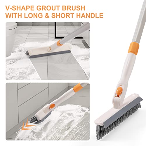 3 In 1 Shower Scrubber Cleaning Brush With 49'' Long Handle, Fuunsoo Tub & Tile Grout Brush Stiff Bristles Lock In Place Scrub Brush Head For Bathroom Kitchen Wall Floor Bathtub Sink Glass - Upgrade #TOP3
