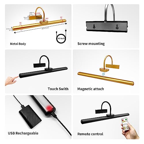 Image of 23 inch Wireless Picture Lights, Rechargeable Battery Art Display Light with Remote Control, Dimmable /Timer Off Dartboard Light, 3 Lighting Modes Full Metal Painting Display Lights (Gold-2Pack)