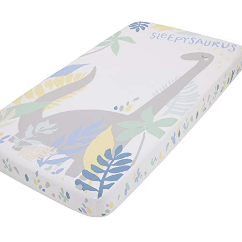 Image of NoJo Sleepysaurus Blue, Yellow, Grey & White Dino Leaf 100% Cotton Photo Op Fitted Crib Sheet, Blue, Grey, Yellow, White