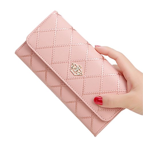 Kauftree Damen Frauen Lang Portemonnaie Geldbörse Geldbeutel Kreditkartentasche Brieftasche Wallet Kariert mit Kronen (Rosa) Cover