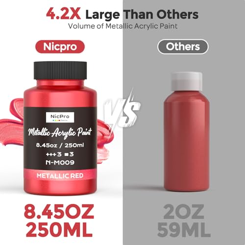 Image of Nicpro Metallic Red Acrylic Paint, 8.45oz /250ml Large Metallic Paint | Non Toxic, Non Fading Craft Paints for Metal, Wood, Clay, Fabric, Canvas, Furniture, Handcrafts, Art Supplies