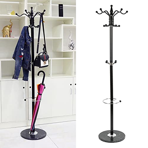 SHISHI Porte-Manteaux sur Pied d'Entrée, Métal et Marbre, avec Crochets Sécurisés pour Enfant, Support pour Parapluie Intégré, Noir, Hauteur en 176,5 cm