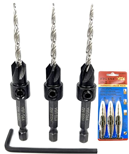Image of FTG USA #6 (9 /64 inch) Wood Countersink Drill Bit 3-Pc Set with Hex Key | Convenient 3-pack of identical tapered bits for woodworking. Includes 1 Allen wrench hex key for easy adjustments