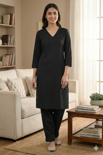 Image of JAIPUR HAND BLOCK Women's Cotton plain Straight Salwar Suit | V-Neck | 3 /4th Sleeve | Regular Fit | Daily, Office & Ethnic Wear(ST00125-V-NEW)