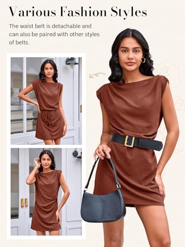 Image of Wenrine Womens 2026 Summer Mini Dress Casual Sleeveless Tie Waist Loose Ruched Beach Vacation Short Sundresses