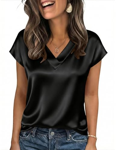 LOMON Womens Summer Tops 2026 Black Going Out Tops Satin Blouse V Neck Cap Sleeve Dressy Casual Loose Fit Tunic L