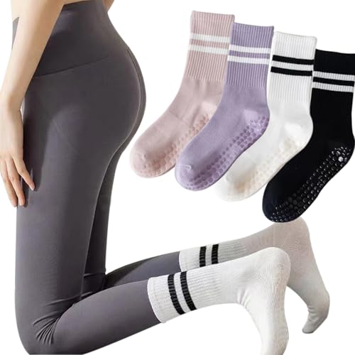 Image of Pilates Socks for Women with Non Slip Grippers, Yoga Crew Socks for Barre Hospital Sticky Slipper Socks,Women's Athletic socks, 4 Pairs(Black /White /Pink /Purple)