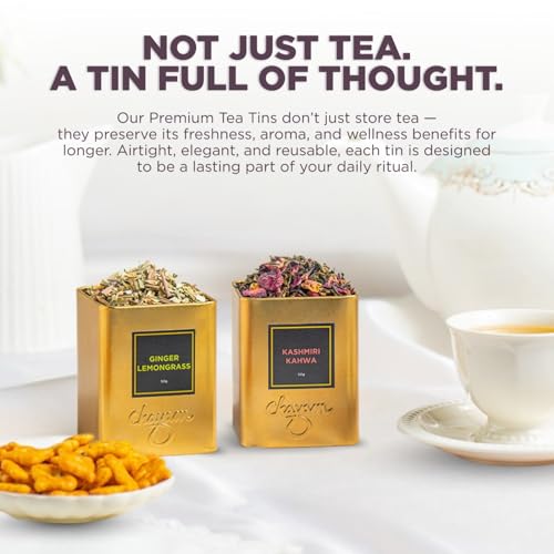 Image of CHAYAM Tea Tranquility Gift Set | 4 Loose Leaf Blends & Stainless Steel Infuser, 250g | Kashmiri Kahwa, Masala Chai, Himalayan Green, Ginger Lemongrass | Wellness Tea Gift Box for All Occasions, Corporate Gifting & for Foreigners