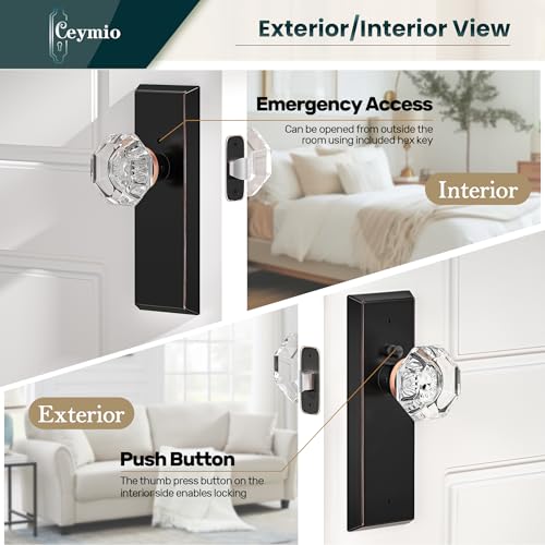 Image of Glass Door Knobs for Interior Doors - Vintage Crystal Privacy Bedroom & Bathroom Door Knob with Lock - Diamond Cut Door Handle - Oil Rubbed Bronze Finish (1 Pack)