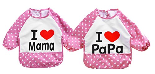 Fontee® Lot de 2 Impermeable Bavoir Bavette avec de la nourriture catcher poche et manches,baby imperméable à manches longues Bavettes pour les nourrissons de 6 mois à 3 ans Toddlers (Rose)
