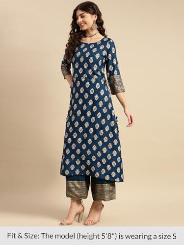 Image of rangita Navy Rayon Printed A-line Kurta with Palazzo | Kurta Set for Women