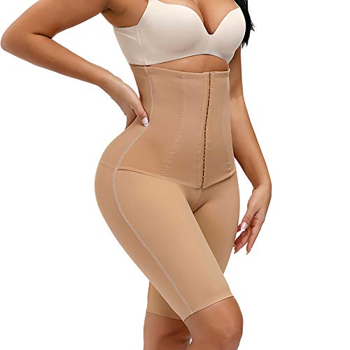 Women Waist Trainer Shapewear Zipper & Hook Body Shaper Shorts High Waist Butt Lifter Comfort Thigh Slimmer, Beige, XXL