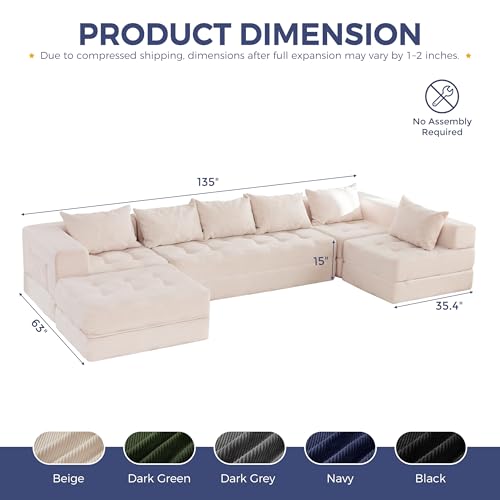 Image of MAXYOYO Modular Sectional Sofa Couch, Foldable U Shaped Cloud Couch with Pillows, Tufted 7-Seat Boneless Lounger Floor Sofa Bed for Living Room, No Assembly Required, Beige