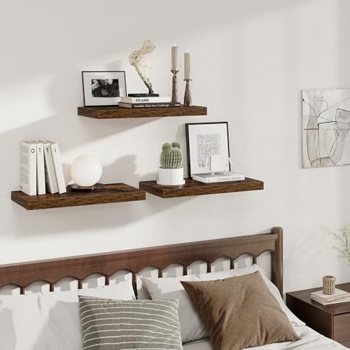 Image of Fun Memories 24 x 12 Inch Deep Floating Shelves, 12 Inch Deep Rustic Wooden Book Shelf, Extra Deeper & Thicker Hanging Shelves for Living Room, Bathroom, Bedroom, Kitchen, Office, Set of 2 (Brown)