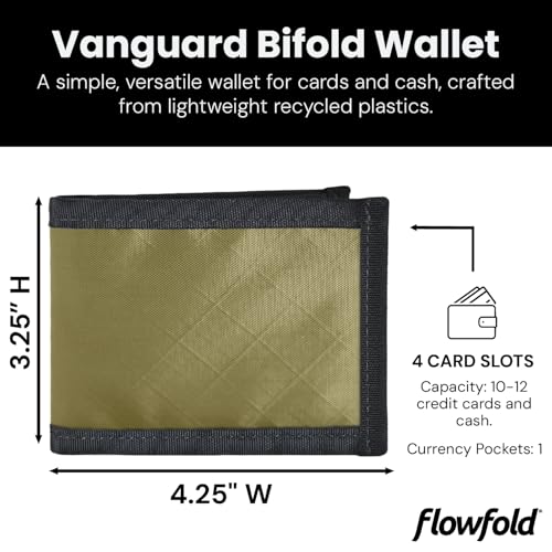 Flowfold Vanguard Recycled Material Bifold Wallet | Slim and Durable with Cash Pocket, Two Hidden Card Pockets and Two ID Windows | Holds 10-12 Cards | Minimalist Wallet Made in USA | Olive Green2