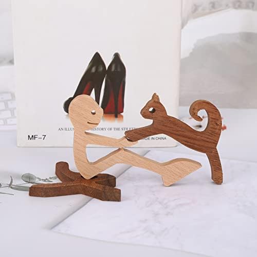 Gukasxi Wooden Dog Cat Family Statue, Man and Dog Wood Sculpture Gift, Cute Puppy Handmade Craft Home Decor, for Home, Office, Living Room (Wooden-cat)