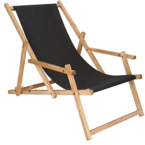 SPRINGOS Chaise Longue en Bois avec accoudoirs - 3 Niveaux - Chaise Longue de Jardin Pliable pour Balcon, Jardin - Structure imprégnée (Noir)