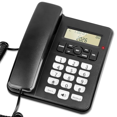 Uvital Desktop Corded Telephone, Black Landline Telephone, Office Landline Phone with Caller Identification, LCD Display, Ringer Volume and Speakerphone Volume Adjustable for Home/Office/Hotel Use