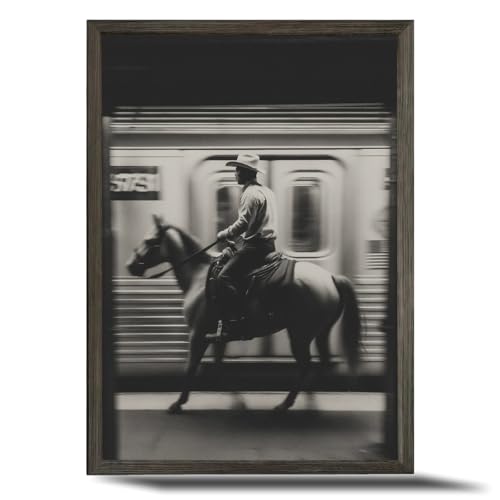 Western Cowboy Wall Art Horse Riding Canvas Wall Decor Vintage NYC Cowboy Subway Poster Black and White Country Pictures for Bedroom Living Room Bathroom 12x16 Inch Framed