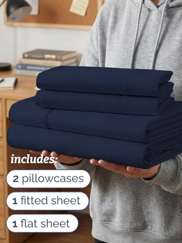 Image of Twin XL 4 Piece Sheet Set - College Dorm Room Essentials - Navy Blue | Ultra Soft Dorm Bedding Set, 8 inch to 16 inch Inch Deep Pockets, 1 Flat & 1 Fitted Sheet & 2 Pillowcases, Wrinkle & Fade Free