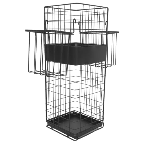 LIFKICH Paragüero de Hierro Negro con Bandeja para Agua y Gancho, Diseño Cuadrado Elegante para Oficina y Pasillo, Base Antideslizante y Soporte Reforzado