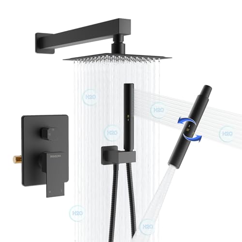 PRIMSOPH 8 inch Shower System Rain Rainfall Shower Head with Valve and Dual Function Handheld Handle Bathroom Bathtub Tub Faucet Complete Set Square Modern Trim Kit Wall Mounted Combo Matte Black