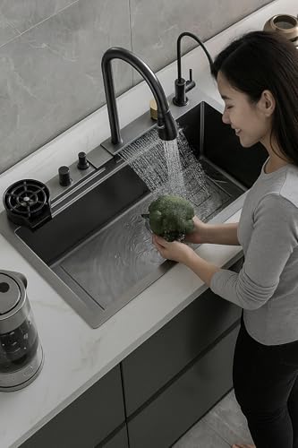Image of COOTER 24 X 18 X 9 Waterfall Kitchen Sink Integrated Honeycomb Design 304 Grade With Black Matt Finish Single Bowl Multifunctional Sink For Kitchen.