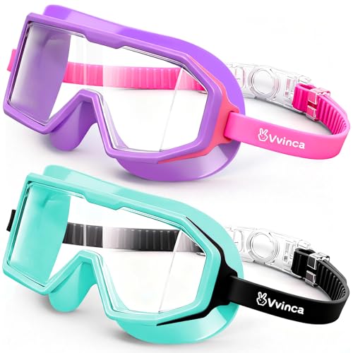 2 Pack Kids Swim Goggles for 3-14,UV Protection Wide View Swim Goggles