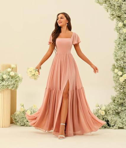 YOFF Square Neck Bridesmaid Dresses with Slit Flutter Sleeves Chiffon Long Maxi Formal Party Dresses with Pockets YO1513