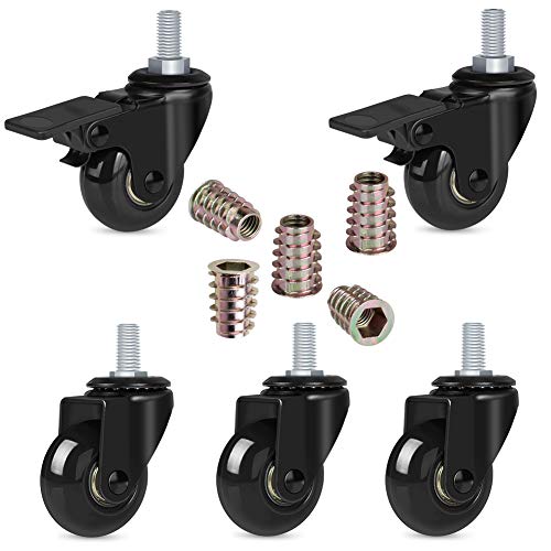 Hirate 2 inch Caster Wheel with 3/8"-16UNC Threaded Stem(2 Casters with Brake, 3 without), Lockable Bearing Swivel Stem Casters Wheels with Screw Inserts Safe for All Type Floor