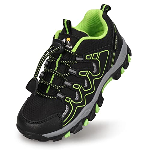 Eggseed Boys Kids Hiking Trail Shoes Waterproof Slip Resistant Outdoor Trekking Walking Running Sneakers,Black/Green,4.5 US Big Kid