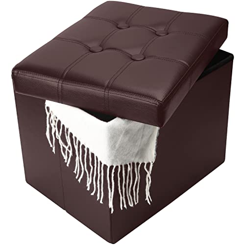 Image of Bsketa Storage Ottoman Bench,17 Inch Folding Leather Foot Rest Stool,Brown | Ottoman with Storage, Thicker Foam Padded Seat, Living Room, Dorm, Bedroom, Load 330 lbs, Easy to install,17x13x13in