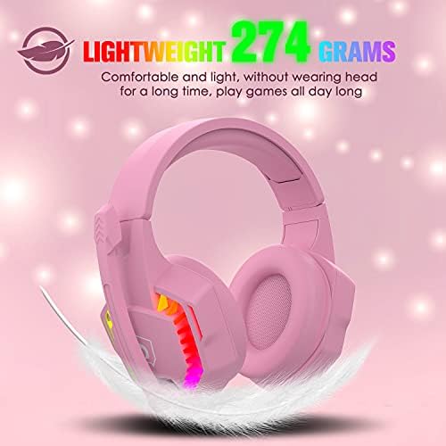 AJAZZ PC Headset, Gaming Headphones with Mic, Usb Gaming Headset Ps4, Backlit LED Headset 3D Surround Sound Noise Canceling Mic, RGB Wired Deep Bass Headset, for PS5, Laptop, Nintendo Switch (Pink)
